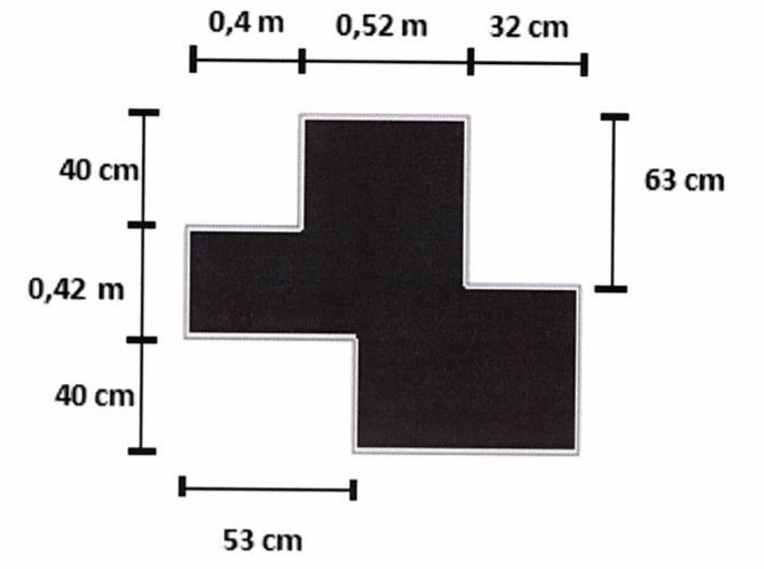 Figura poligonal escura em formato de degraus. Medidas horizontais no topo: 0,4 m, 0,52 m e 32 cm; abaixo: 53 cm. Medidas verticais à esquerda: 40 cm, 0,42 m e 40 cm; à direita: 63 cm.