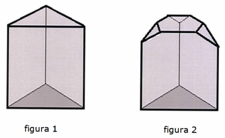 Figura 1: prisma de base triangular. Figura 2: o mesmo prisma com os três vértices da base superior cortados, formando três pequenas faces triangulares.