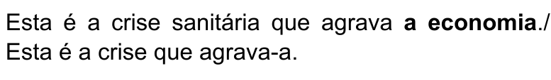 Alternativa B: Esta é a crise sanitária que agrava a economia./ Esta é a crise que agrava-a. Termo destacado em negrito: “a economia”.
