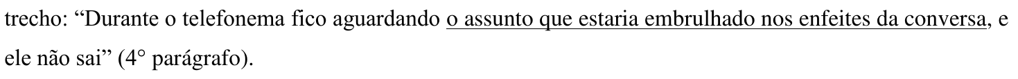 Trecho do enunciado: trecho: “Durante o telefonema fico aguardando o assunto que estaria embrulhado nos enfeites da conversa, e ele não sai” (4° parágrafo). A expressão “o assunto que estaria embrulhado nos enfeites da conversa” está sublinhada.