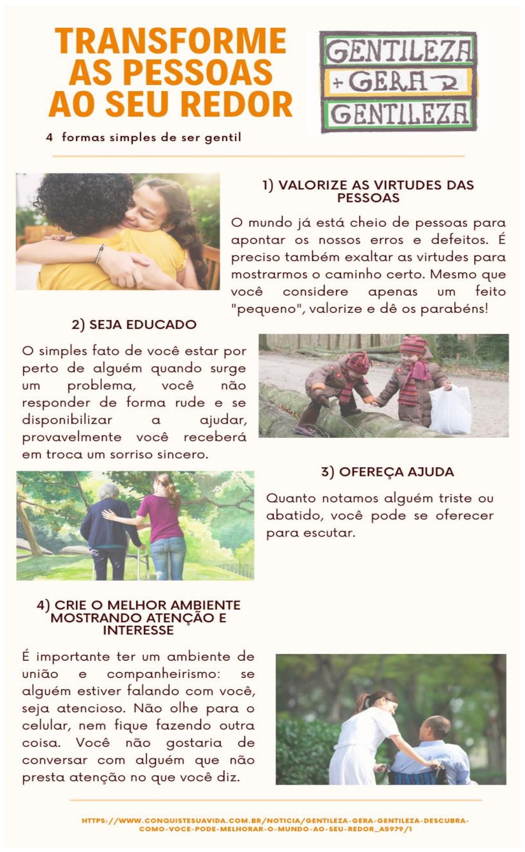 Texto motivador em forma de cartaz: título “Transforme as pessoas ao seu redor — 4 formas simples de ser gentil”, selo “Gentileza gera gentileza” e quatro tópicos ilustrados com fotos: 1) Valorize as virtudes das pessoas; 2) Seja educado; 3) Ofereça ajuda; 4) Crie o melhor ambiente mostrando atenção e interesse, cada um com um parágrafo explicativo. No rodapé, endereço do site conquistesuavida.com.br.