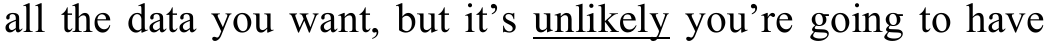 Trecho do texto: “all the data you want, but it’s unlikely you’re going to have”. Sublinhado: unlikely.