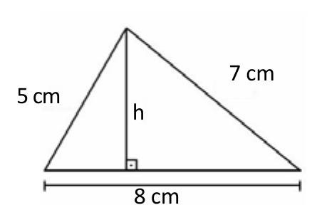 Triângulo com lados de 5 cm (à esquerda), 7 cm (à direita) e base de 8 cm; a altura h, relativa à base, forma ângulo reto com ela.