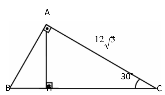 Triângulo ABC retângulo em A, com a altura AH perpendicular à base BC. O lado AC mede 12√3 e o ângulo em C mede 30°.