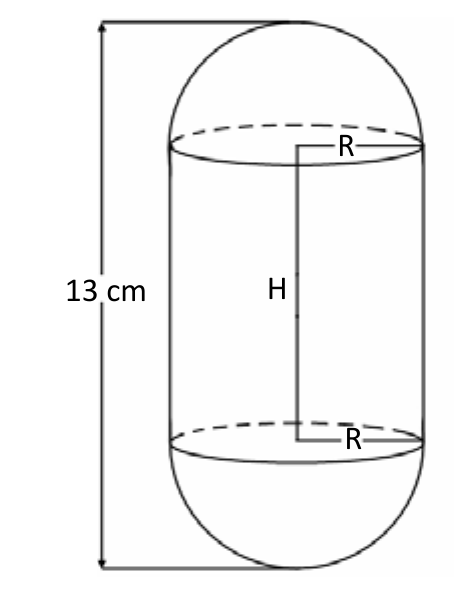 Sólido formado por um cilindro de altura H com uma semiesfera de raio R em cada extremidade; o comprimento total do objeto é 13 cm.