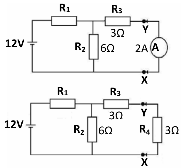 Dois circuitos. No primeiro, fonte de 12 V em série com R₁; após R₁, R₂ = 6 Ω ligado à linha de baixo e, em seguida, R₃ = 3 Ω em série com o amperímetro A (que indica 2 A) entre os pontos Y e X. No segundo, o mesmo circuito com o amperímetro substituído por R₄ = 3 Ω entre Y e X.