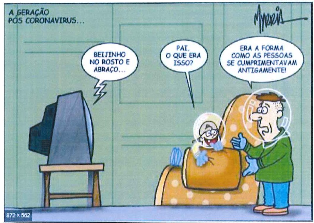 Charge "A geração pós coronavírus...": a televisão diz "Beijinho no rosto e abraço..."; a criança, com capacete transparente, pergunta "Pai, o que era isso?"; o pai, também com capacete, responde "Era a forma como as pessoas se cumprimentavam antigamente!"
