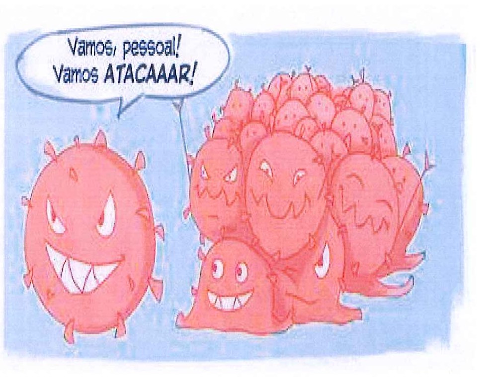 Charge: um vírus grande e sorridente fala a um grupo de vírus: "Vamos, pessoal! Vamos ATACAAAR!"
