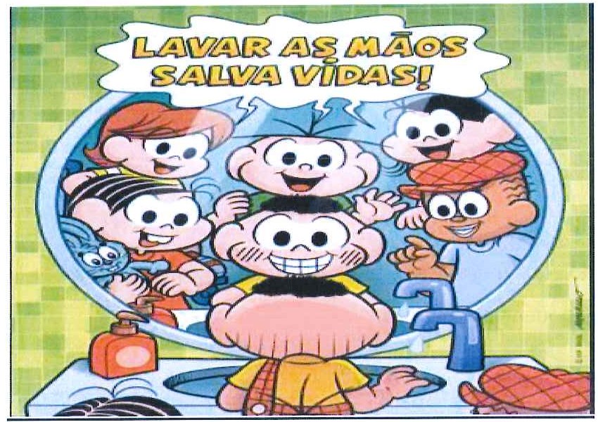 Ilustração com o título "Lavar as mãos salva vidas!": personagens da Turma da Mônica refletidos em um espelho sobre uma pia com sabonete e torneira.