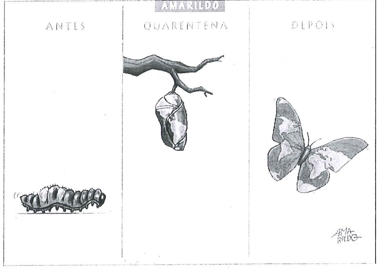 Charge de Amarildo em três quadros: "Antes" mostra uma lagarta; "Quarentena", um casulo pendurado num galho; "Depois", uma borboleta cujas asas têm o desenho do mapa-múndi.