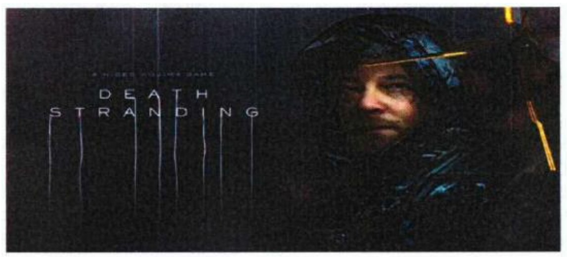 Imagem de divulgação do jogo Death Stranding: à esquerda o título DEATH STRANDING; à direita o rosto de um homem com capuz escuro.