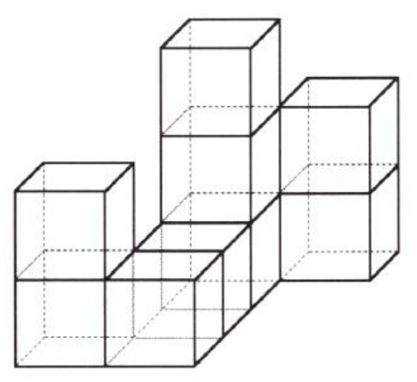 Objeto em perspectiva formado por cubos transparentes de vidro: à esquerda, uma coluna de dois cubos; ao centro, uma fileira de cubos na base com uma coluna de três cubos atrás; à direita e mais ao fundo, uma coluna de dois cubos.