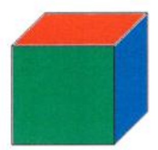 Cubo em perspectiva com face superior vermelha, face frontal verde e face lateral direita azul.