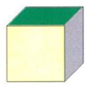 Cubo em perspectiva com face superior verde, face frontal amarelo-clara e face lateral direita cinza.