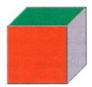 Cubo em perspectiva com face superior verde, face frontal vermelha e face lateral direita cinza.