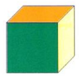 Cubo em perspectiva com face superior laranja, face frontal verde e face lateral direita amarelo-clara.
