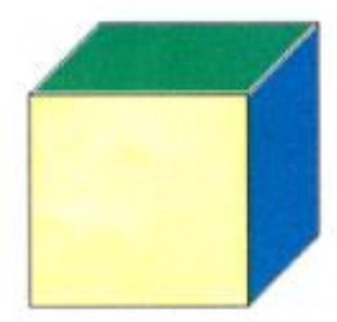 Cubo em perspectiva com face superior verde, face frontal amarelo-clara e face lateral direita azul.