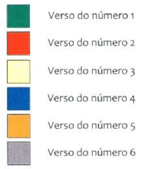 Legenda de cores do verso: número 1 verde, número 2 vermelho, número 3 amarelo-claro, número 4 azul, número 5 laranja, número 6 cinza.