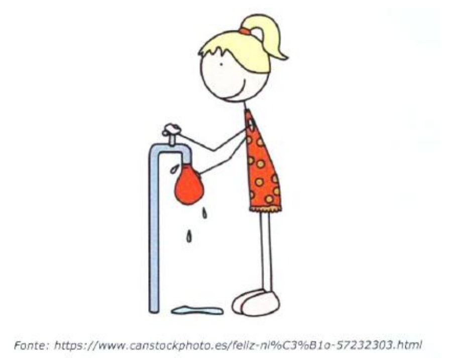Ilustração de uma menina enchendo um balão de água vermelho em uma torneira. Fonte: https://www.canstockphoto.es/feliz-ni%C3%B1o-57232303.html