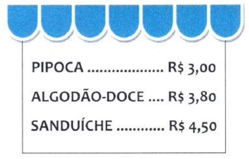Cartaz de lanches com toldo azul: PIPOCA R$ 3,00; ALGODÃO-DOCE R$ 3,80; SANDUÍCHE R$ 4,50.