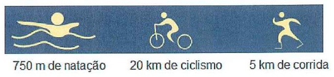 Esquema com ícones de natação, ciclismo e corrida e as legendas: 750 m de natação; 20 km de ciclismo; 5 km de corrida.