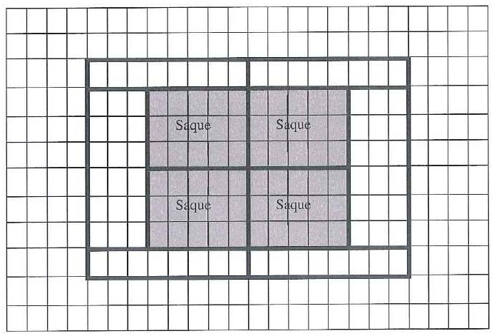 Malha quadriculada com a reprodução de uma quadra de tênis e a área livre ao redor; no centro da quadra, quatro retângulos sombreados com a palavra Saque.