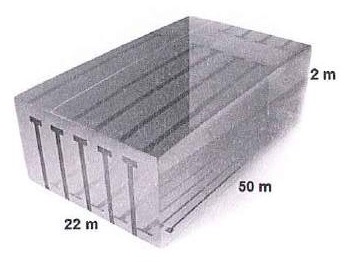 Ilustração de uma piscina em forma de paralelepípedo, com as medidas 22 m, 50 m e 2 m.