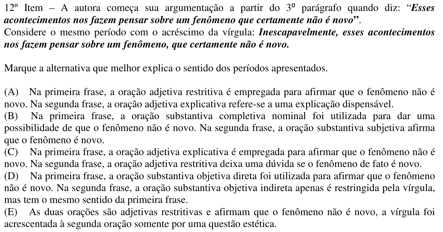 Reprodução do 12º item impresso, com os destaques do original (negrito-itálico nos dois períodos citados no enunciado).