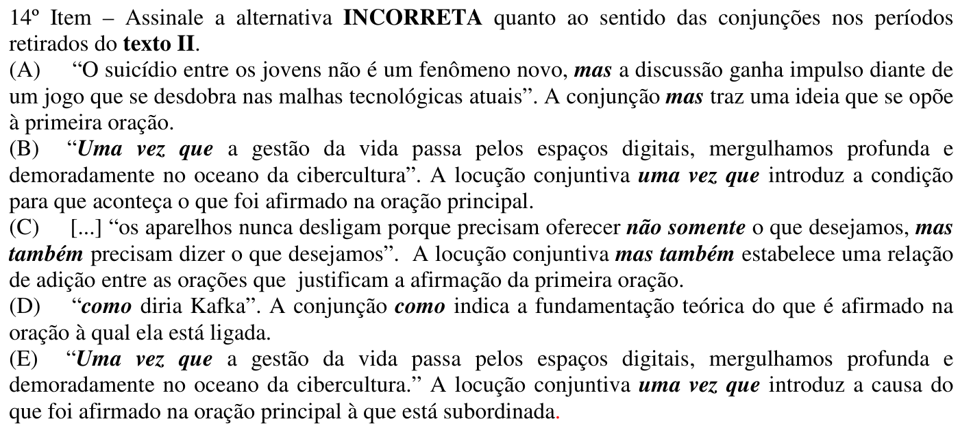 Reprodução do 14º item impresso, com os destaques do original (negrito-itálico nas conjunções citadas: mas; uma vez que; não somente / mas também; como).