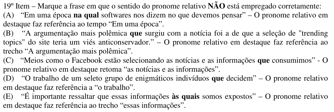 Reprodução do 19º item impresso, com os destaques do original (negrito nas alternativas: (A) “na qual”; (B) “que”; (C) “que”; (D) “que”; (E) “às quais”).