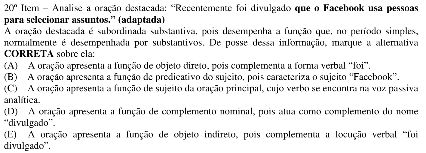 Reprodução do 20º item impresso, com os destaques do original (negrito na oração destacada: “que o Facebook usa pessoas para selecionar assuntos.” (adaptada)).
