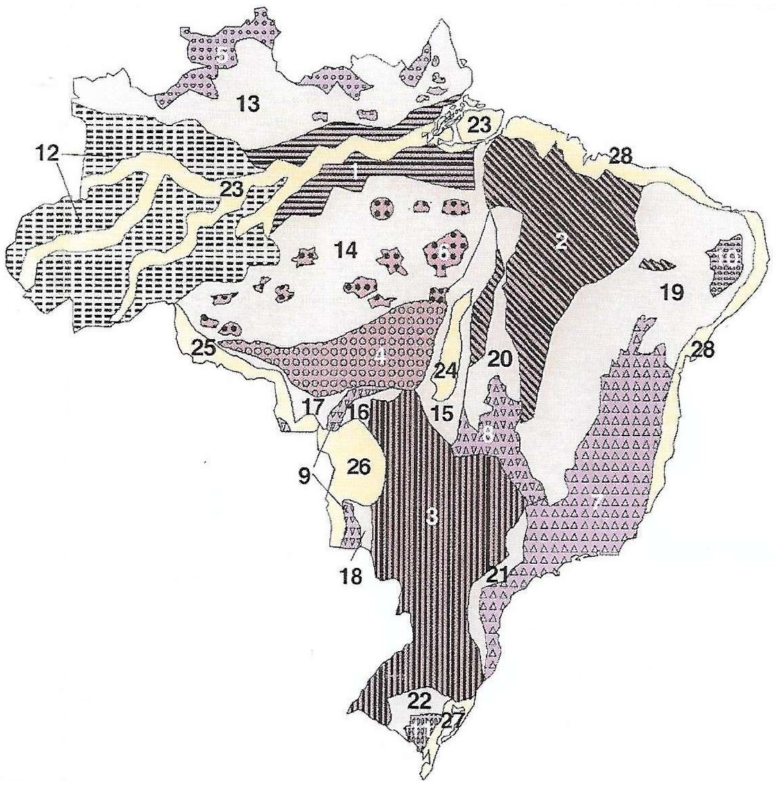 Mapa do Brasil com as unidades de relevo de Ross numeradas de 1 a 28, diferenciadas por cores e hachuras.
