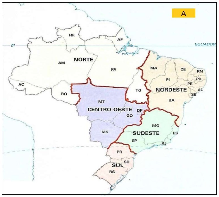 Mapa A do Brasil com cinco regiões: Norte, Nordeste, Centro-Oeste, Sudeste e Sul, com siglas dos estados.
