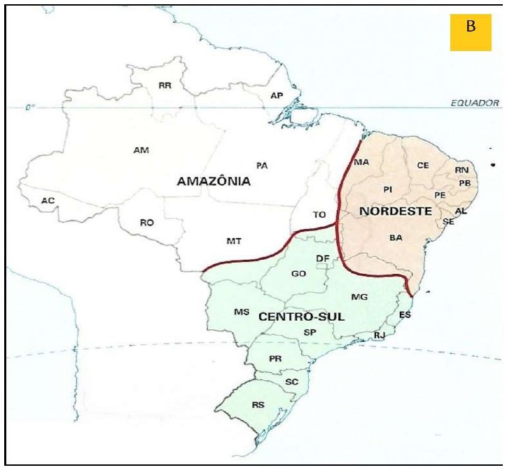 Mapa B do Brasil com três regiões: Amazônia, Nordeste e Centro-Sul, com siglas dos estados.