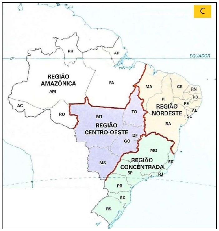 Mapa C do Brasil com quatro regiões: Região Amazônica, Região Nordeste, Região Centro-Oeste e Região Concentrada, com siglas dos estados.
