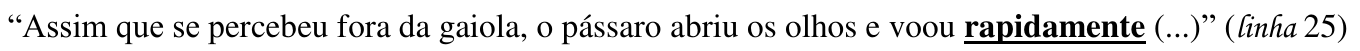 “Assim que se percebeu fora da gaiola, o pássaro abriu os olhos e voou rapidamente (...)” (linha 25) — destaque: “rapidamente”.