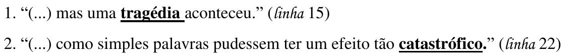 1. “(...) mas uma tragédia aconteceu.” (linha 15); 2. “(...) como simples palavras pudessem ter um efeito tão catastrófico.” (linha 22) — destaques: “tragédia” e “catastrófico”.