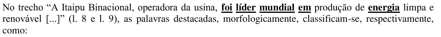 Reprodução do enunciado da questão 10 como impresso: as palavras foi, líder, mundial, em e energia aparecem em negrito e sublinhadas.