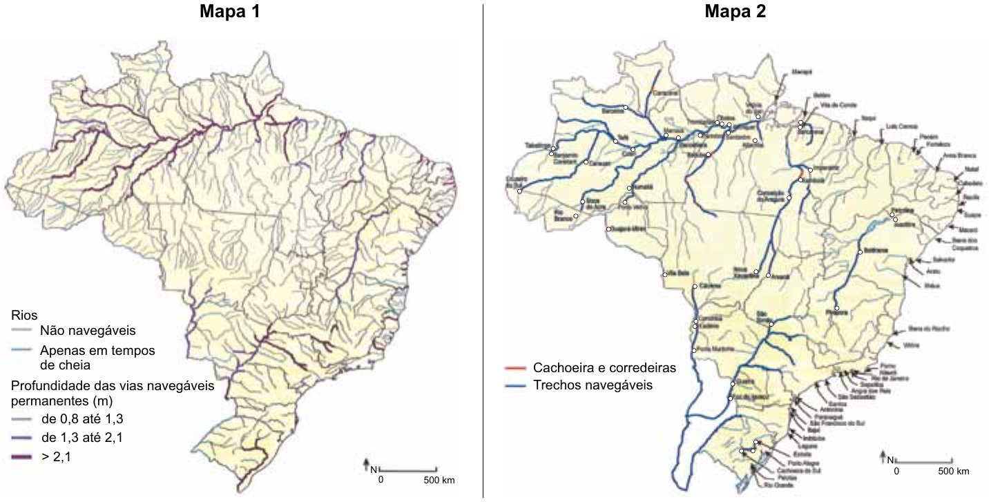 Dois mapas do Brasil lado a lado. Mapa 1: rede de rios, com legenda “Rios”: não navegáveis (cinza); apenas em tempos de cheia (azul-claro); e “Profundidade das vias navegáveis permanentes (m)”: de 0,8 até 1,3; de 1,3 até 2,1; > 2,1 (traços progressivamente mais grossos, do cinza ao roxo). Mapa 2: trechos navegáveis (linhas azuis) e cachoeiras e corredeiras (vermelho), com pequenos nomes de cidades ao longo dos rios e do litoral. Ambos com seta do norte e escala de 0 a 500 km.