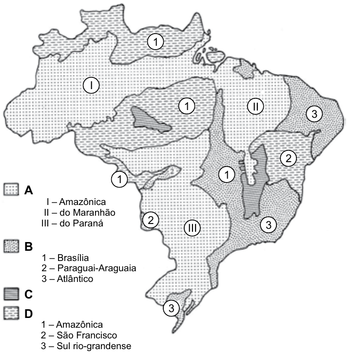 Mapa do Brasil dividido em áreas com quatro tipos de hachura (A, B, C e D), algumas identificadas por algarismos romanos ou arábicos dentro de círculos. Legenda: A — I – Amazônica, II – do Maranhão, III – do Paraná; B — 1 – Brasília, 2 – Paraguai-Araguaia, 3 – Atlântico; C — sem subdivisões (duas pequenas áreas escuras no interior); D — 1 – Amazônica, 2 – São Francisco, 3 – Sul rio-grandense.