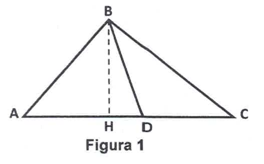 Figura 1 – triângulo ABC com base AC horizontal; do vértice B partem a altura BH (tracejada) e o segmento BD, com H e D sobre AC, H entre A e D.