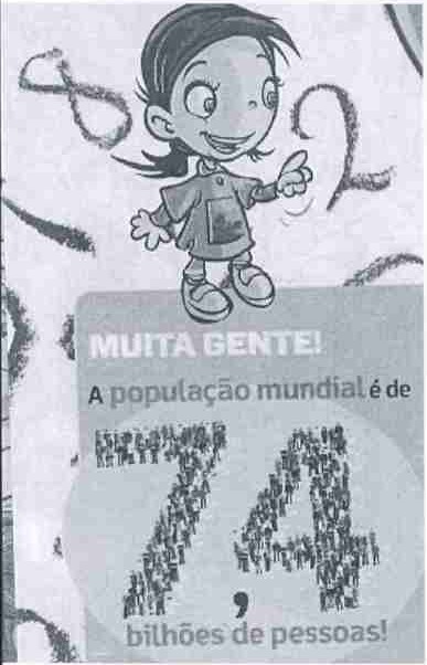 Ilustração de uma menina sobre um quadro com os dizeres: MUITA GENTE! A população mundial é de 7,4 bilhões de pessoas!, com o número 7,4 formado por uma multidão de pessoas.