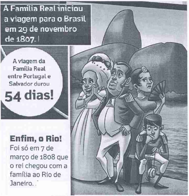 Ilustração da Família Real portuguesa diante do Pão de Açúcar, com os textos: A Família Real iniciou a viagem para o Brasil em 29 de novembro de 1807. A viagem da Família Real entre Portugal e Salvador durou 54 dias! Enfim, o Rio! Foi só em 7 de março de 1808 que o rei chegou com a família ao Rio de Janeiro.