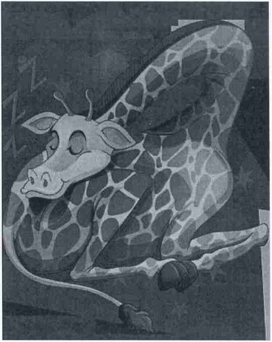 Ilustração de uma girafa dormindo enrolada, com o pescoço dobrado sobre o corpo.