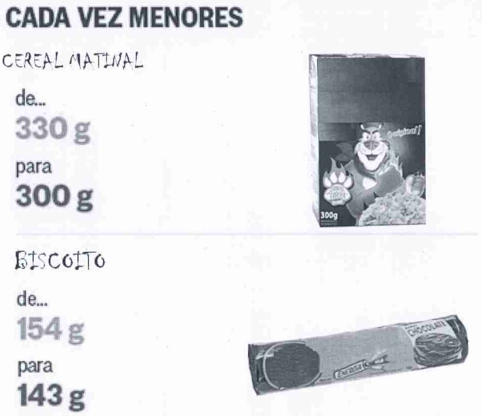 Infográfico CADA VEZ MENORES: Cereal matinal, de 330 g para 300 g, com foto da caixa; Biscoito, de 154 g para 143 g, com foto do pacote.