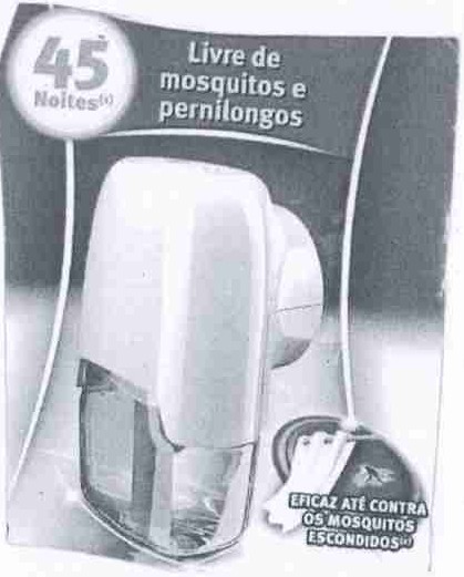 Embalagem de um repelente elétrico de tomada com os dizeres 45 noites, Livre de mosquitos e pernilongos, Eficaz até contra os mosquitos escondidos.