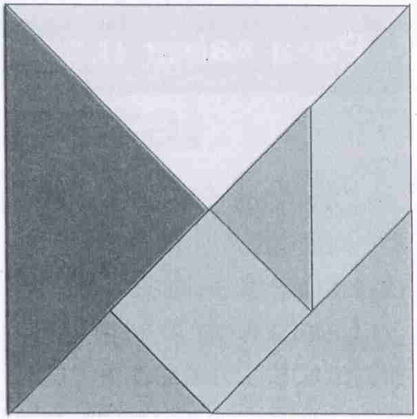 Quadrado dividido em peças por segmentos, no formato de um tangram, com regiões em diferentes tons de cinza.
