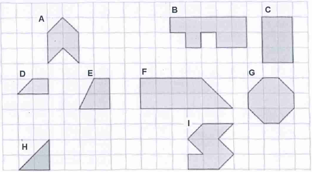 Malha quadriculada com nove figuras sombreadas identificadas pelas letras A a I: A, forma de seta para cima; B, forma de T irregular; C, retângulo vertical; D, trapézio pequeno; E, trapézio; F, trapézio alongado; G, octógono; H, triângulo retângulo; I, figura em forma de S.