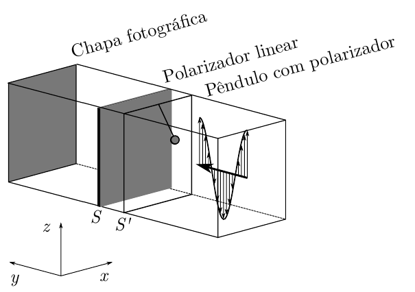 Montagem em perspectiva com eixos x, y e z: uma chapa fotográfica ao fundo, um polarizador linear no plano S e, à frente, um pêndulo com polarizador no plano S′ oscilando; uma onda com polarização vertical se propaga ao longo de y em direção aos filtros.
