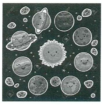 Ilustração do Sol sorridente no centro, cercado por planetas e asteroides com rostos sorridentes, sobre fundo escuro e estrelado.